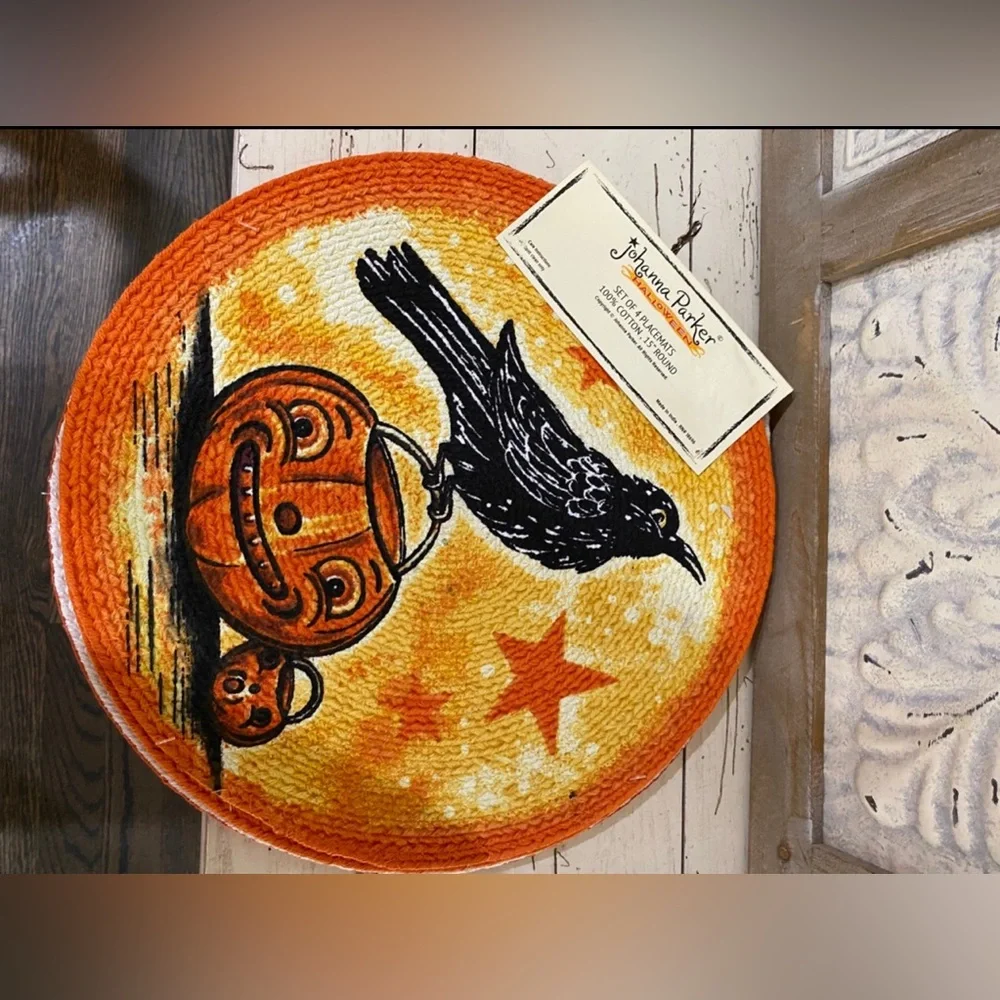 Johanna Parker Retro Halloween Happy Jack-o-lantern Crow 15” Round Placemats NEW